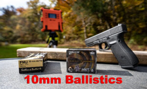 10mm ballistics with pistol and chronograph at a shooting range