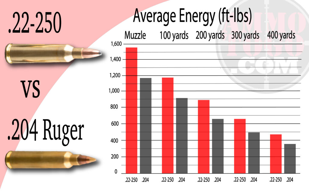 Chart detailing 22-250 energy vs 204 Ruger