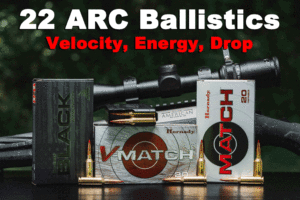 22 ARC rifle and ammunition at a shooting range on a bench