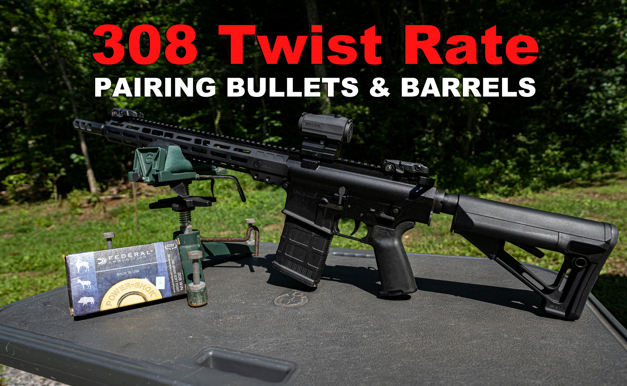 308 rifle and ammo on a shooting bench