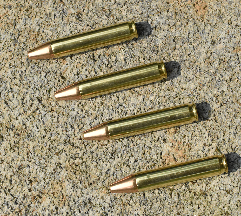 Four 350 Legend ammo cartridges