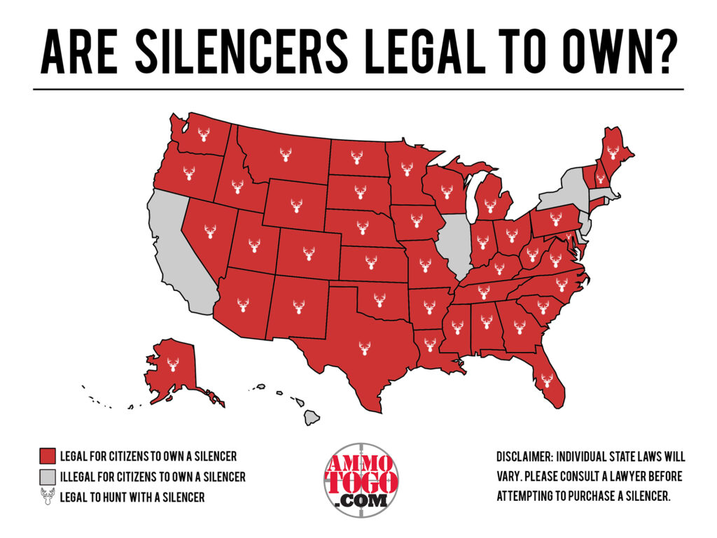 A map of the United States showing where silencers and suppressors are legal to own