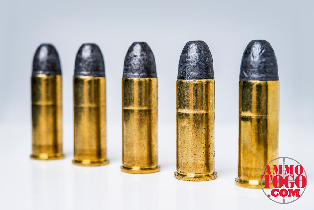 lead round nose bullets loaded in .44 caliber ammunition a row of .44 caliber lead round nose bullets