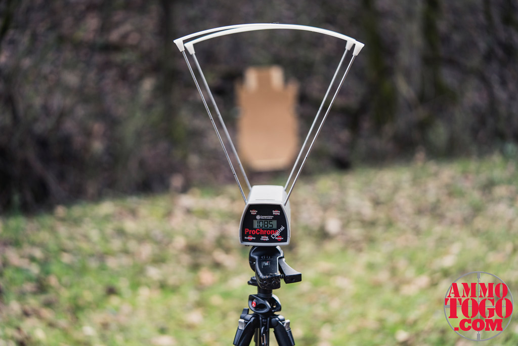 Muzzle Velocity measured on a chronograph A photo of a chronograph measuring muzzle velocity in front of a target