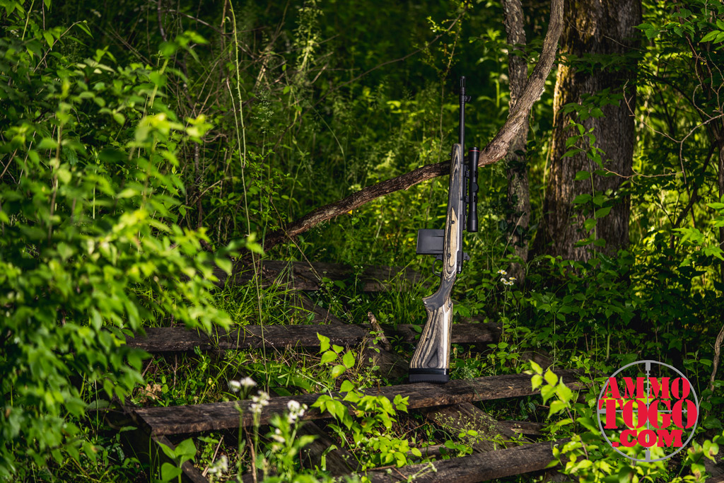 A Ruger Gunsite rifle that is chambered for 5.56x45 ammo Ruger 223 scout rifle in the woods