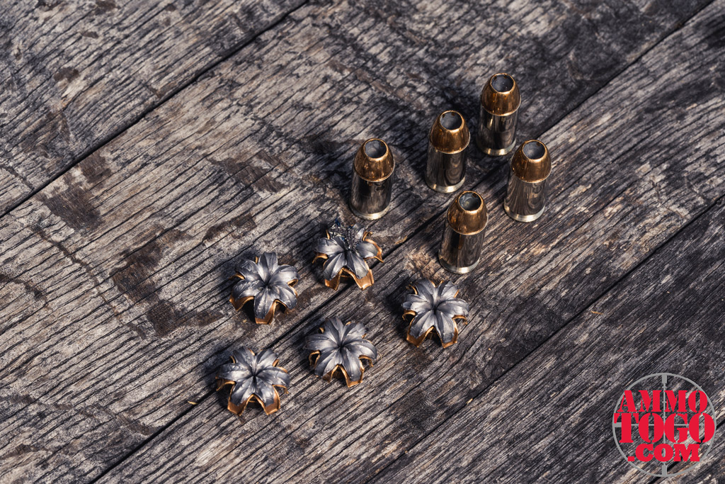 Federal HST ammo after expansion a photo of Federal LE Tactical HST +P, 230-grain JHP ammunition on barn wood