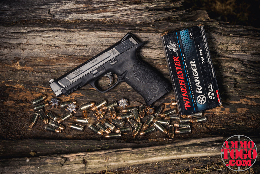 S&W M&P with self-defense ammunition A photo of a Smith and Wesson .45 pistol outside