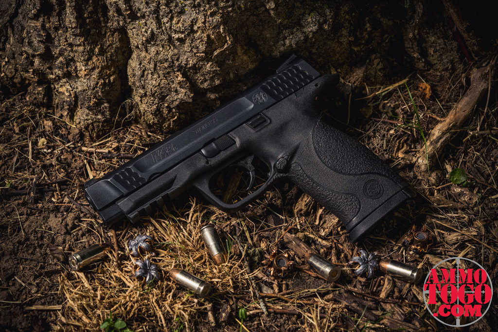 45 ACP ammo with a pistol A picture of a smith & wesson M&P pistol chambered in .45