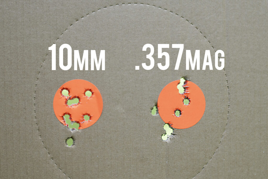 10mm vs 357 bullet holes 10mm and 357mag bullet hole on a target