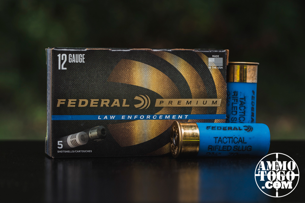 Federal LE tactical 12 gauge buckshot ammo displayed at a shooting range