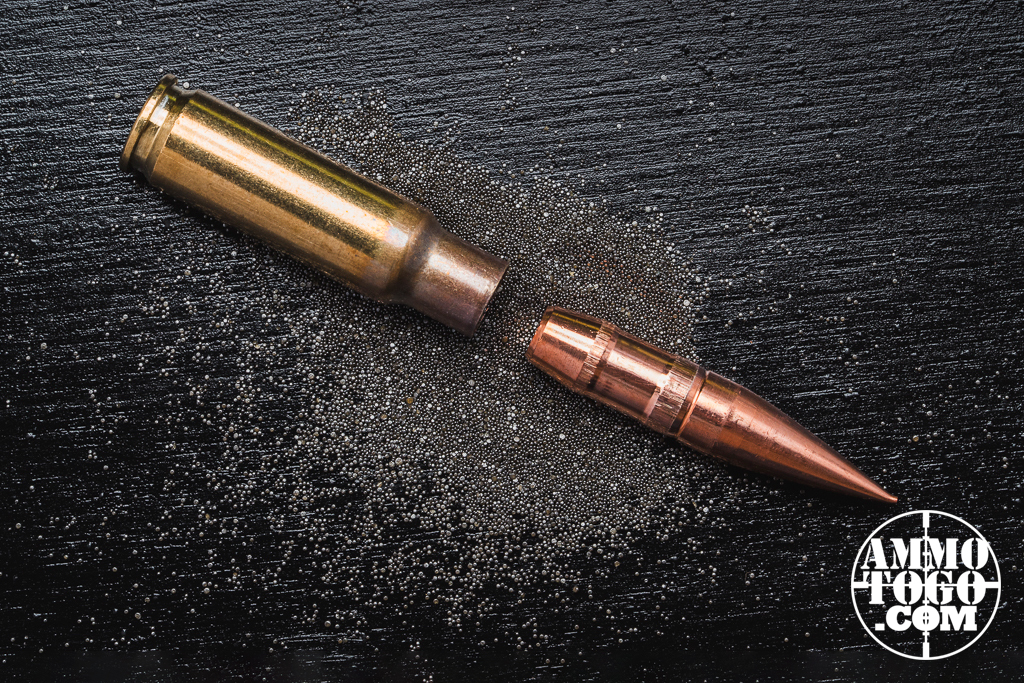 A dissected round of 8.6 blackout with the bullet pulled