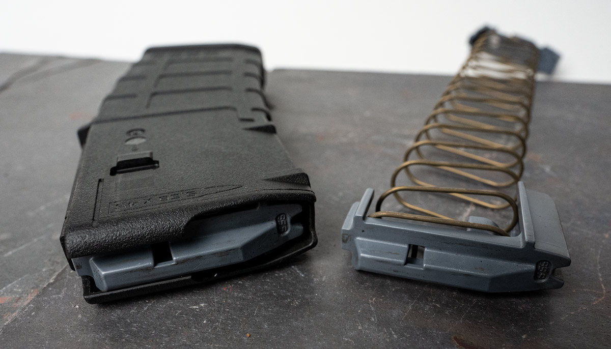 the feed lips and follower of a gun magazine A look at a gun magazine's feed lips and follower.
