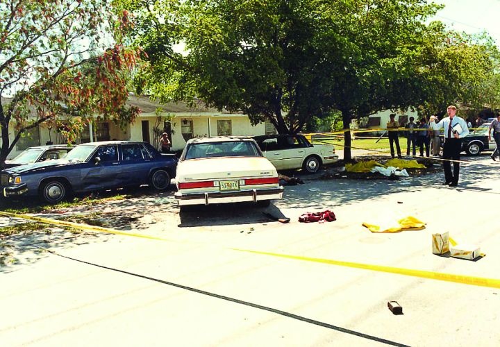 Crime scene photo of FBI Miami shootout A crime scene photo of the infamous FBI Miami shootout.