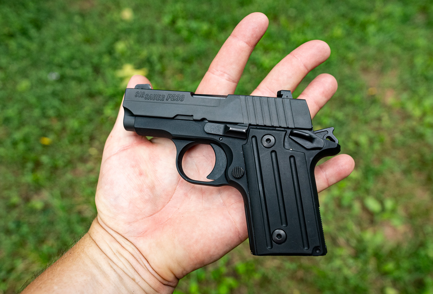 a common first pistol in the palm of a shooter's hand.