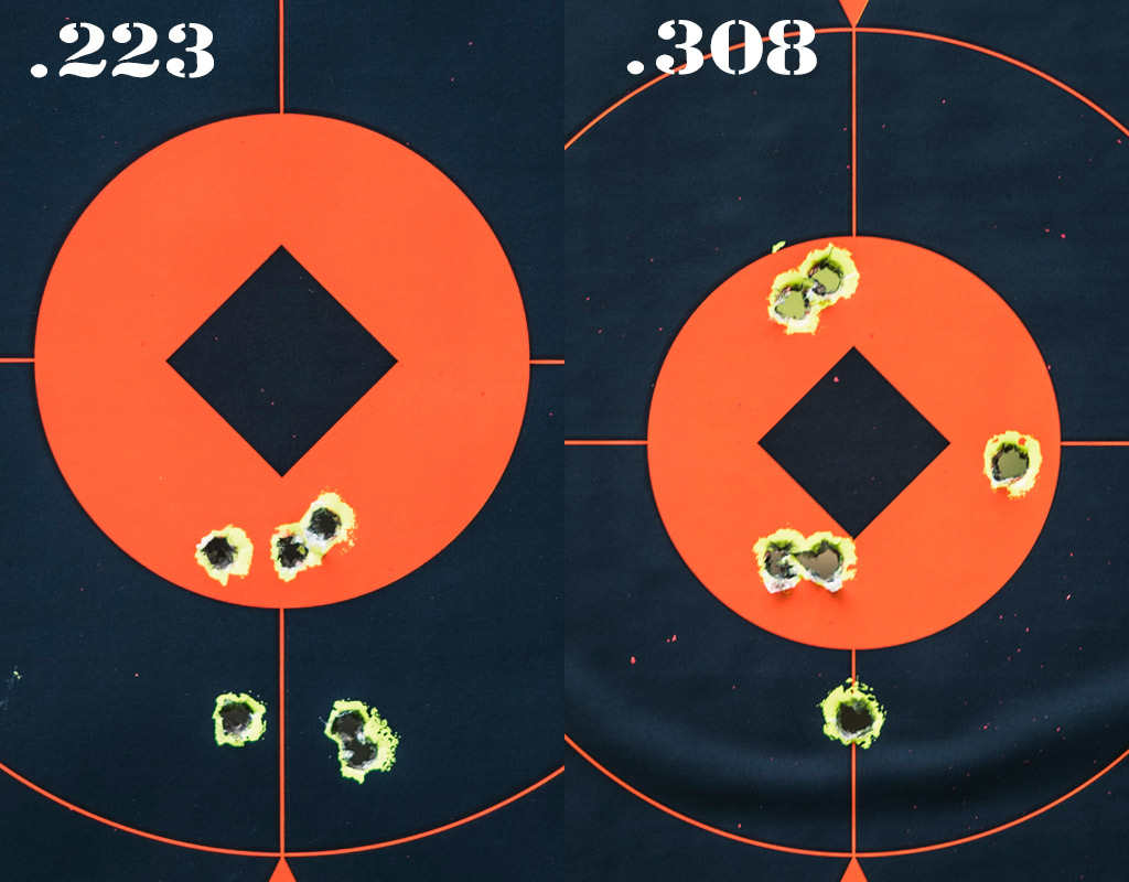 Size of the hole when target shooting .223 vs. 308 ammo photo of 223 and 308 bullet holes in targer