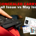 Shall vs may issue graphic with pistol in holster and CCW permits