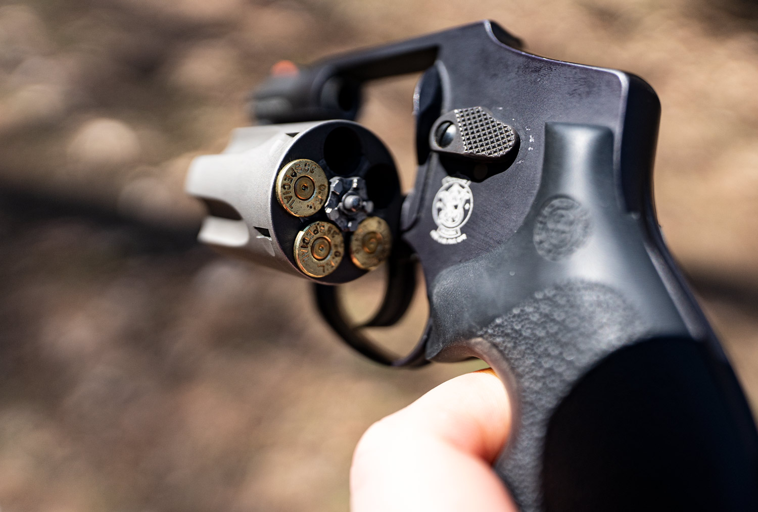 A Smith & Wesson snub nose revolver loaded with 38 special ammunition