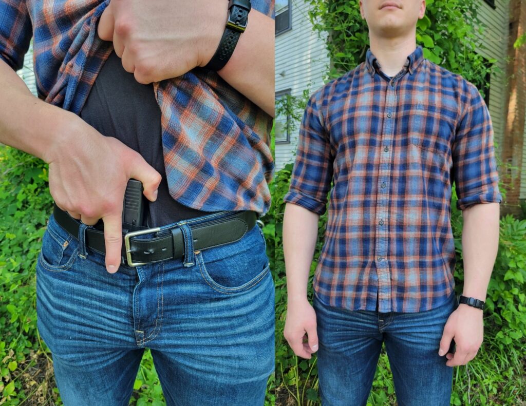 Tall man wearing the Safariland Model 17T Tuckable Inside-the-Waistband Glock 19 holster