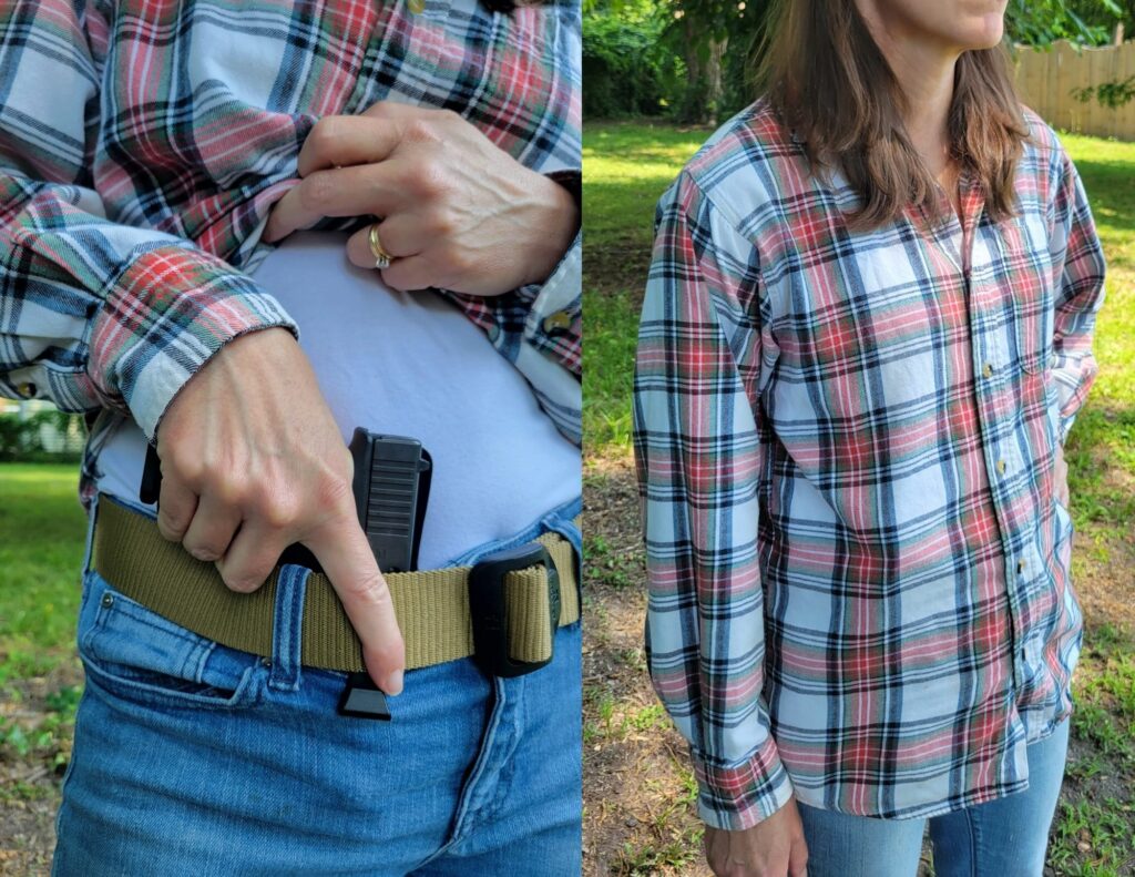 The author wearing the Safariland Model 17T Tuckable Inside the Waistband and demonstrating its print