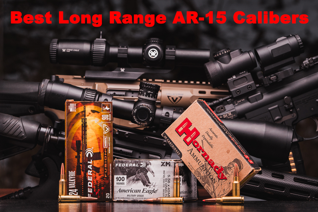 Various ammo and AR-rifles displayed on a table