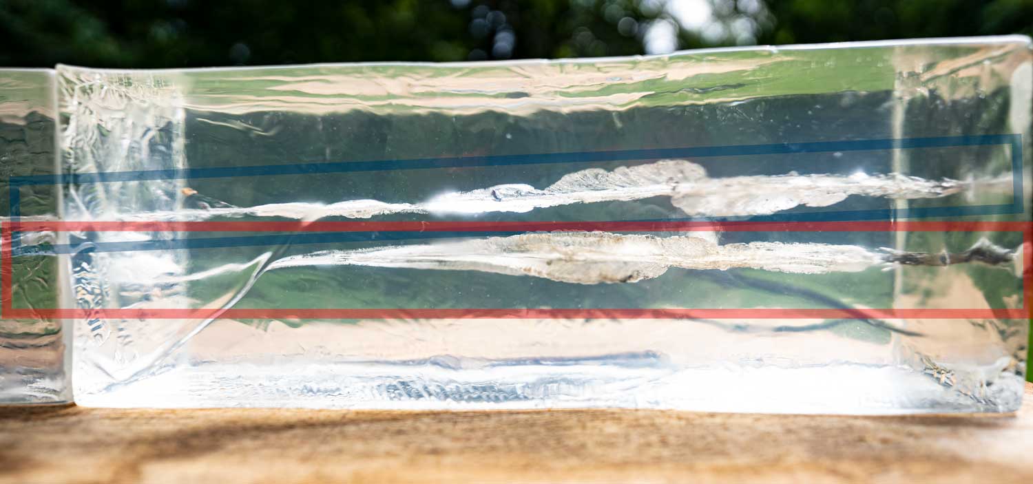 gel testing results with a block of ballistic gelatin with two wound tracks in it