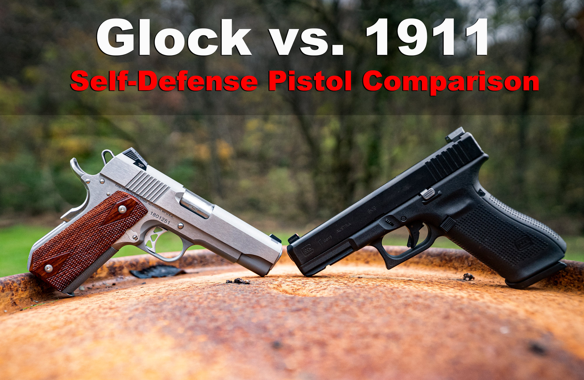 glock vs 1911 pistols displayed at a shooting range