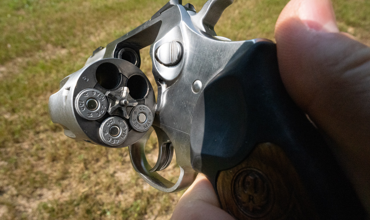 A Ruger snub nosed revolver with an open cylinder