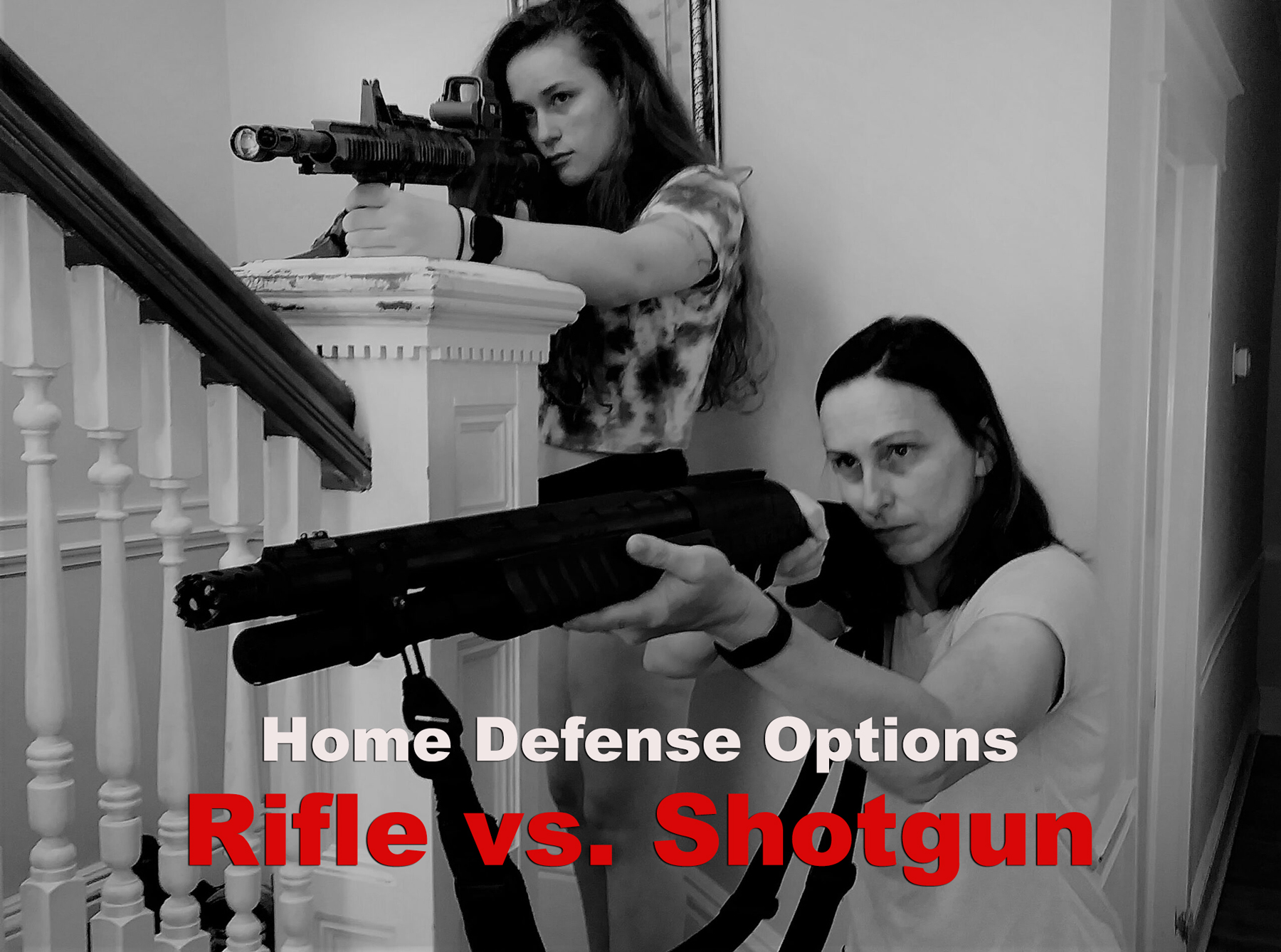 two women holding a rifle vs shotgun inside a home