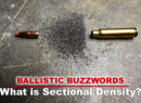 Bullet, powder and casing demonstrating the parts of sectional density