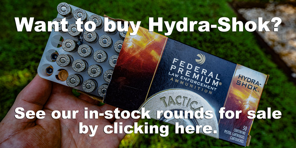 A box of hydra-shok ammo with a link where visitors can buy the ammunition